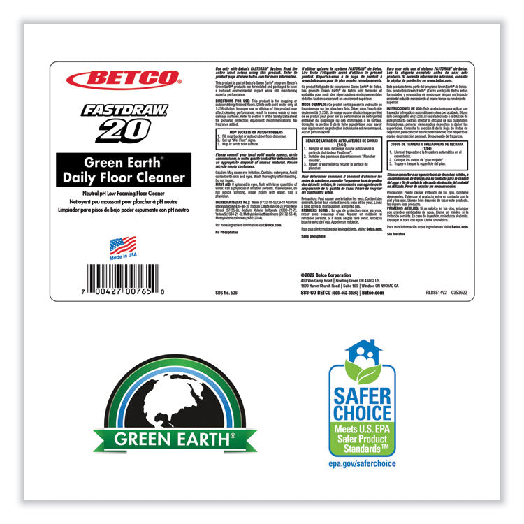 Green Earth Daily FastDraw Floor Cleaner, Unscented, 2 L Bottle, Unscented, 4/Carton
