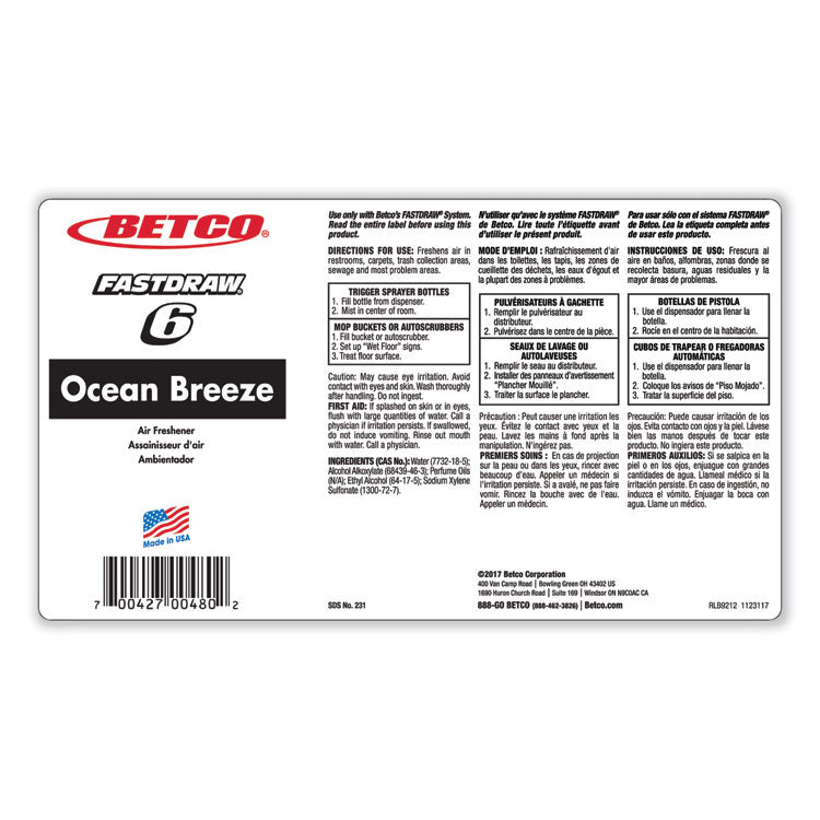 BestScent Ocean Breeze FastDraw Deodorizer, Ocean Breeze, 67.6 oz FastDraw Bottle, 4/Carton
