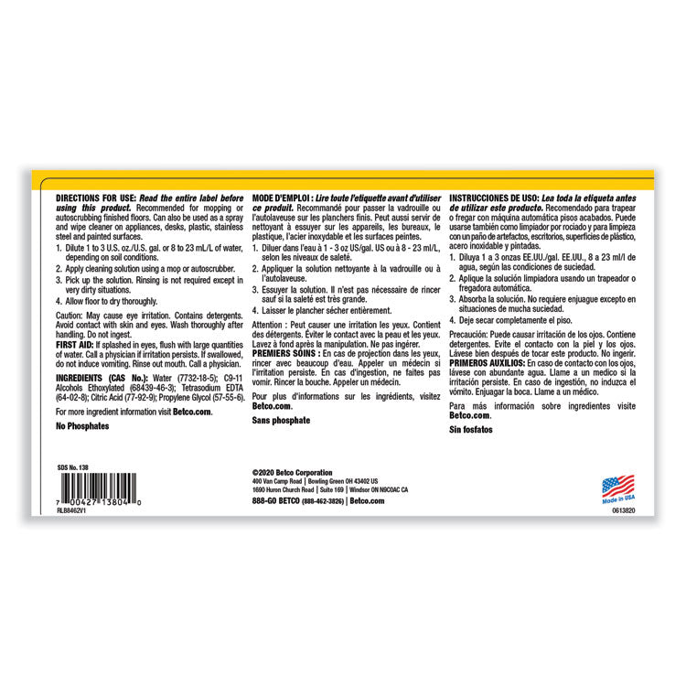 pH7 Floor Cleaner, Lemon Scent, 1 gal Bottle, 4/Carton