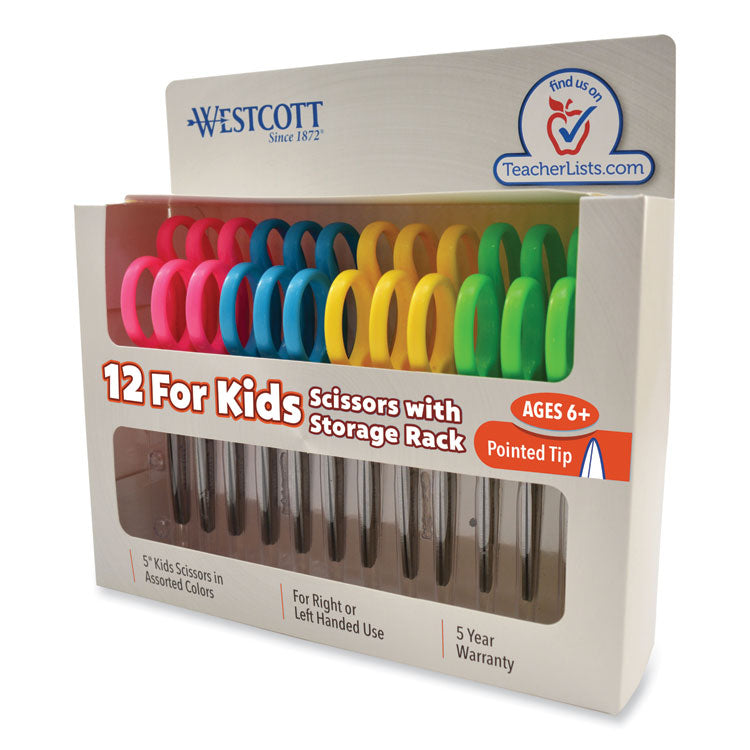 For Kids Scissors Teacher's Pack, Pointed Tip, 5" Long, 1.75" Cut Length, Straight Assorted Color Handles, 12/Pack