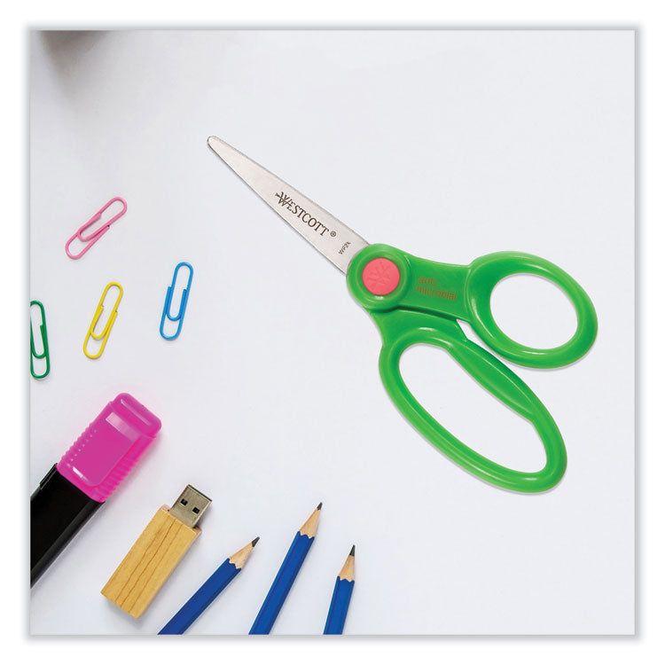 Kids' Scissors with Antimicrobial Protection, Pointed Tip, 5" Long, 2" Cut Length, Randomly Assorted Handle Color