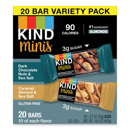 Minis, Dark Chocolate Nuts and Sea Salt/Caramel Almond and Sea Salt, 0.7 oz Bar, 20/Pack