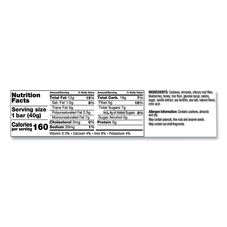 Fruit and Nut Bars, Blueberry Vanilla and Cashew, 1.4 oz Bar, 12/Box