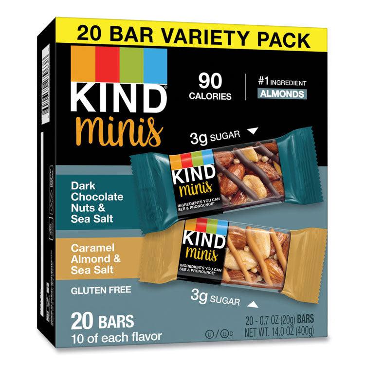 Minis, Dark Chocolate Nuts and Sea Salt/Caramel Almond and Sea Salt, 0.7 oz Bar, 20/Pack