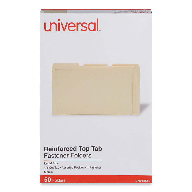 Reinforced Top Tab Fastener Folders, 1/3-Cut Tab: Assorted, Expands 0.75", 1 Fastener, Legal Size, Manila, 50/Box