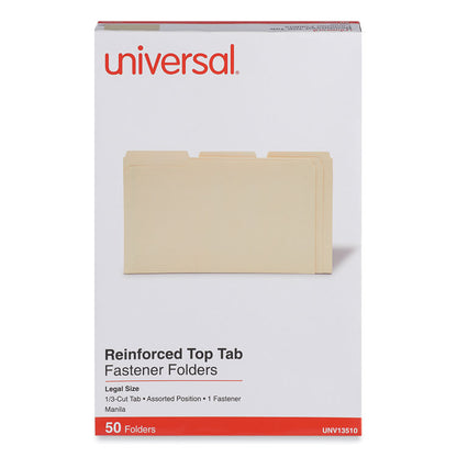 Reinforced Top Tab Fastener Folders, 1/3-Cut Tab: Assorted, Expands 0.75", 1 Fastener, Legal Size, Manila, 50/Box