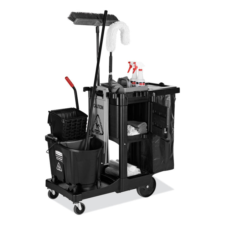 Executive Janitorial Cleaning Cart, Plastic, 4 Shelves, 1 Bin, 21.75" x 46" x 38.38", Black