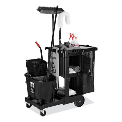 Executive Janitorial Cleaning Cart, Plastic, 4 Shelves, 1 Bin, 21.75" x 46" x 38.38", Black