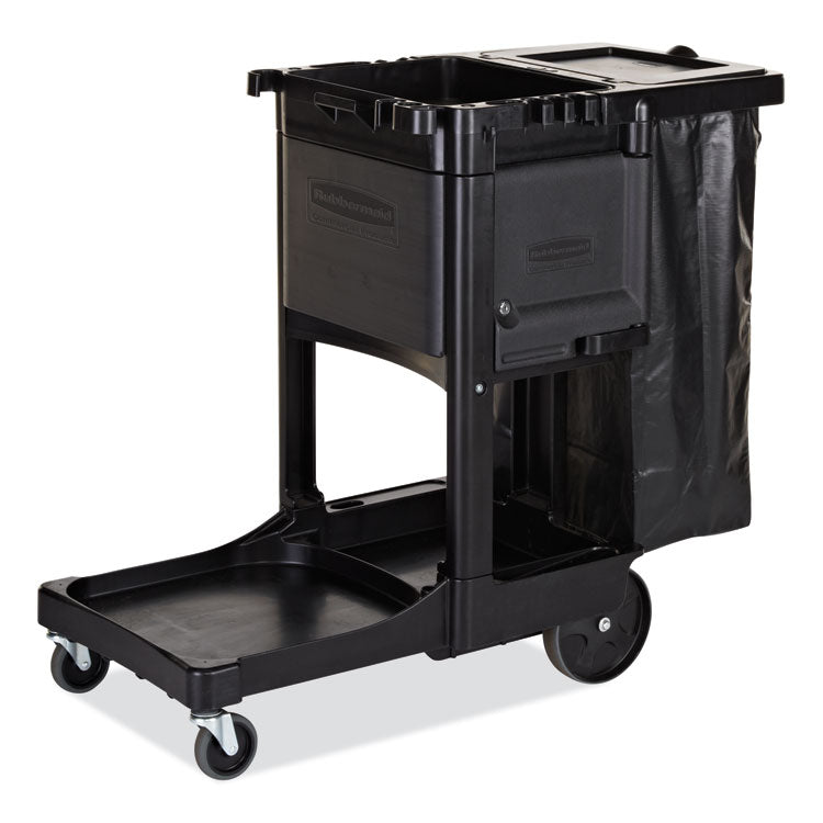 Executive Janitorial Cleaning Cart, Plastic, 4 Shelves, 1 Bin, 21.75" x 46" x 38.38", Black