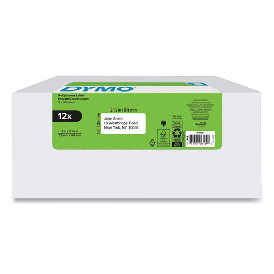 LW Multipurpose Labels, 1" x 2.13", White, 500 Labels/Roll, 12 Rolls/Pack