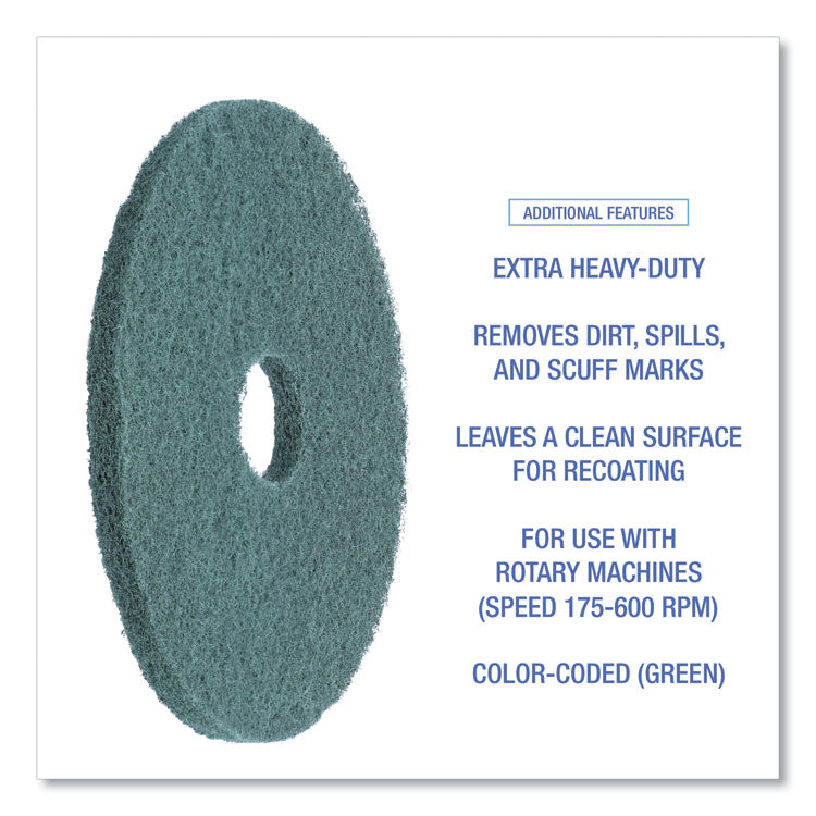 Heavy-Duty Scrubbing Floor Pads, 16" Diameter, Green, 5/Carton