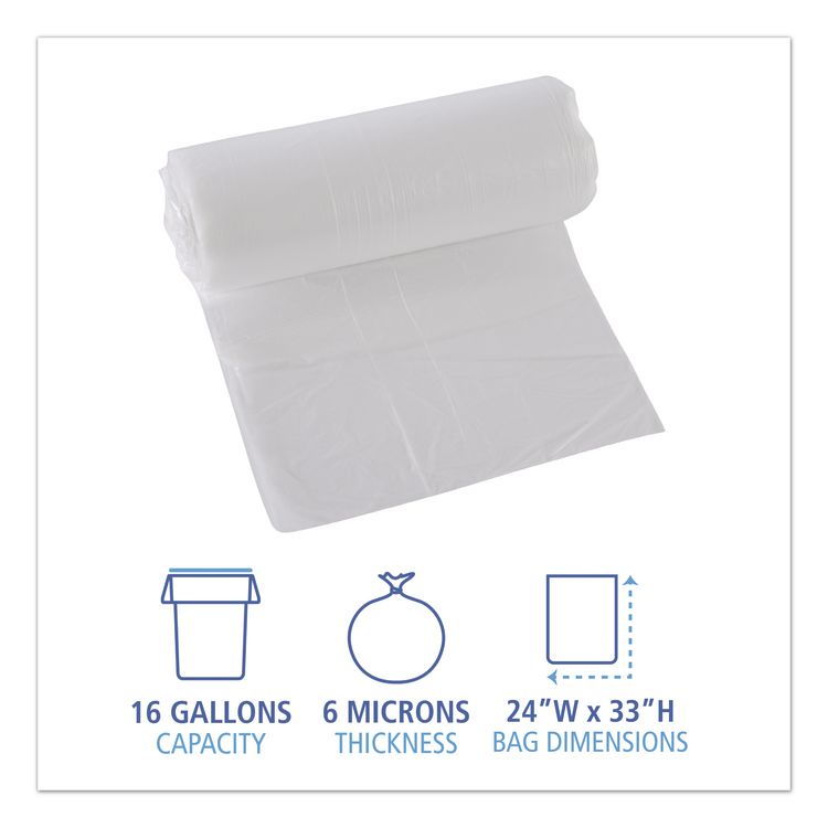 High-Density Can Liners, 16 gal, 6 mic, 24" x 33", Natural, Perforated Roll, 50 Bags/Roll, 20 Rolls/Carton