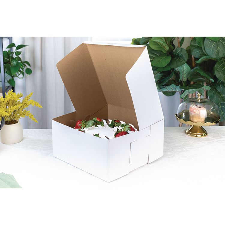White One-Piece Non-Window Bakery Boxes, Standard, 12 x 12 x 6, White/Brown, Paper, 50/Bundle