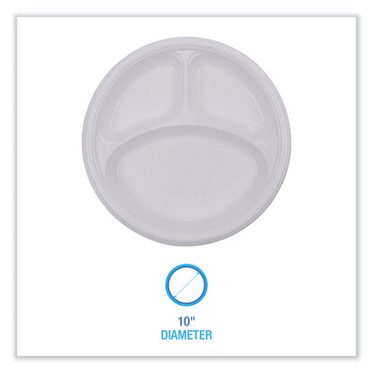 Hi-Impact Plastic Dinnerware, 3-Compartment Plate, 10" dia, White, 500/Carton