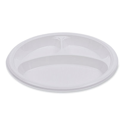 Hi-Impact Plastic Dinnerware, 3-Compartment Plate, 10" dia, White, 500/Carton
