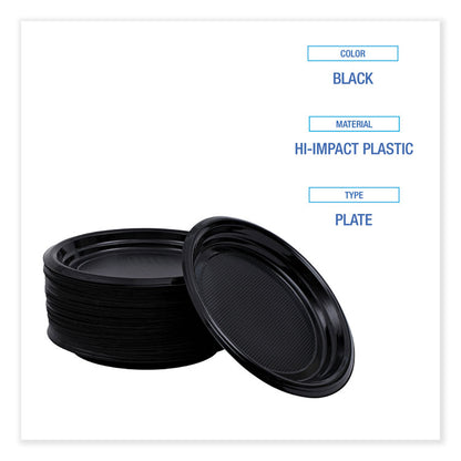 Hi-Impact Plastic Dinnerware, Plate, 9" dia, Black, 500/Carton