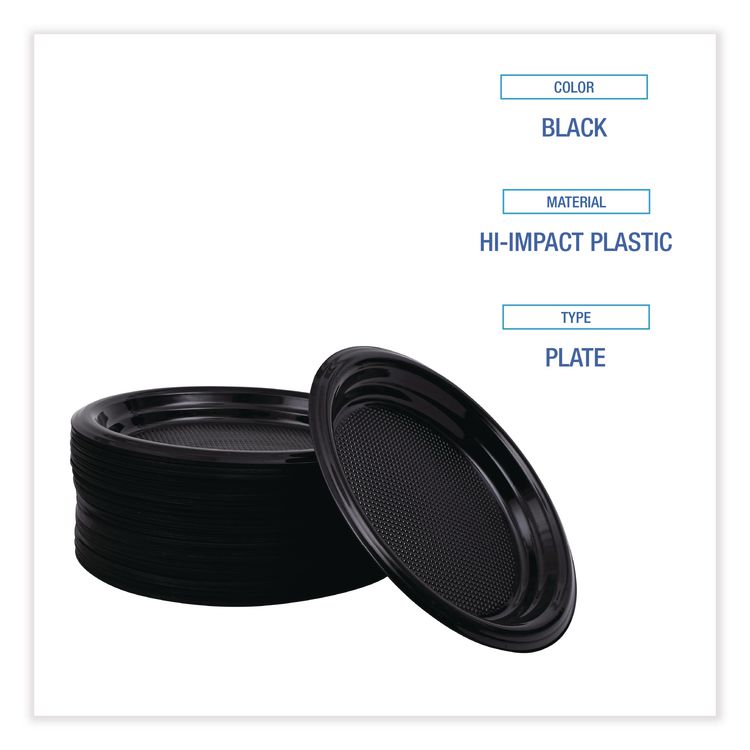 Hi-Impact Plastic Dinnerware, Plate, 6" dia, Black, 1,000/Carton