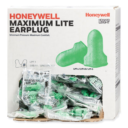 MAXIMUM Lite Single-Use Earplugs, 30 dB NRR, One Size Fits Most, Green Bell/T-Shaped Plugs, 200/Box