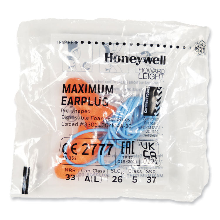 MAXIMUM Single-Use Earplugs, Corded, 33 dB NRR, One Size Fits Most, Coral Bell/T-Shaped Plugs, 100/Box