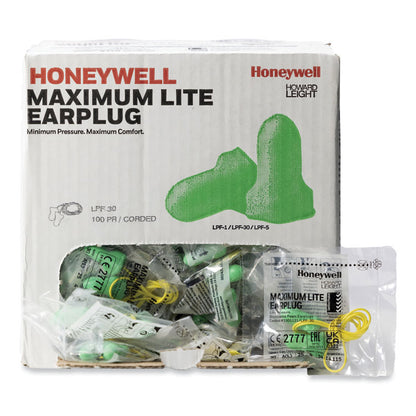 MAXIMUM Lite Single-Use Earplugs, Corded, 30 dB NRR, One Size Fits Most, Green Bell/T-Shaped Plugs, 100/Box