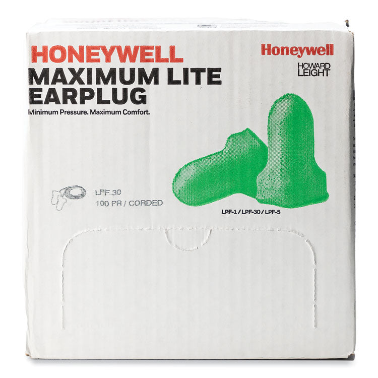 MAXIMUM Lite Single-Use Earplugs, Corded, 30 dB NRR, One Size Fits Most, Green Bell/T-Shaped Plugs, 100/Box