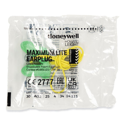 MAXIMUM Lite Single-Use Earplugs, Corded, 30 dB NRR, One Size Fits Most, Green Bell/T-Shaped Plugs, 100/Box