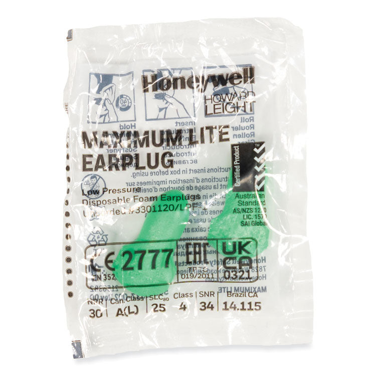MAXIMUM Lite Single-Use Earplugs, Leight Source 500 Refill, 30 dB NRR, One Size Fits Most, Green Bell/T-Shaped Plugs, 500/Box