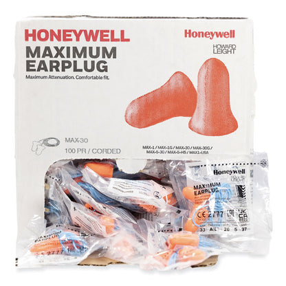 MAXIMUM Single-Use Earplugs, Corded, 33 dB NRR, One Size Fits Most, Coral Bell/T-Shaped Plugs, 100/Box