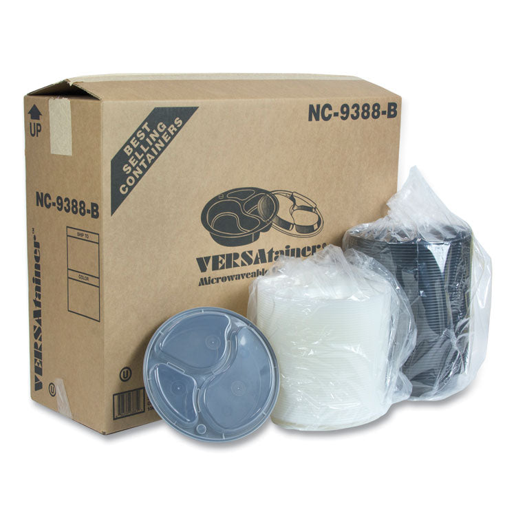 Newspring VERSAtainer Microwavable Containers, Round, 3 Compartment, 39 oz, 9.5 x 9.5 x 2.3, Black/Clear, Plastic, 150/Carton