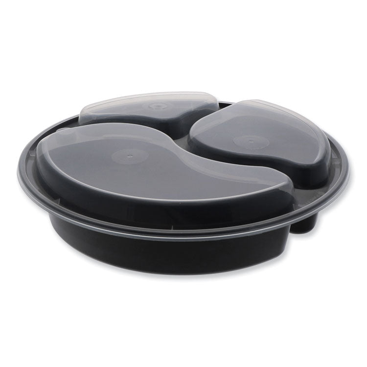 Newspring VERSAtainer Microwavable Containers, Round, 3 Compartment, 39 oz, 9.5 x 9.5 x 2.3, Black/Clear, Plastic, 150/Carton