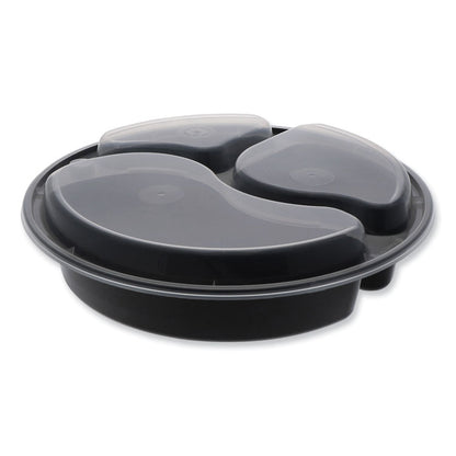 Newspring VERSAtainer Microwavable Containers, Round, 3 Compartment, 39 oz, 9.5 x 9.5 x 2.3, Black/Clear, Plastic, 150/Carton