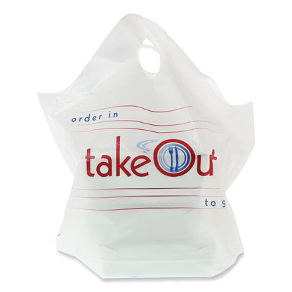 Wave Top To-Go Bags, Take-Out Labeling, Cut-Out Handles, 1.2 mil, 19" x 9.5" x 19", White/Blue/Red, 500/Carton