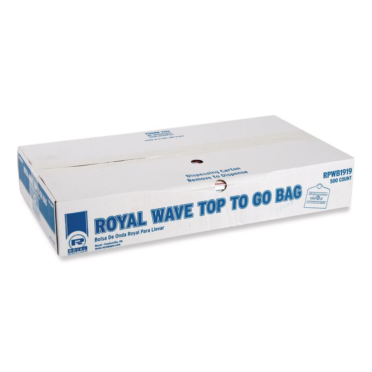 Wave Top To-Go Bags, Take-Out Labeling, Cut-Out Handles, 1.2 mil, 19" x 9.5" x 19", White/Blue/Red, 500/Carton
