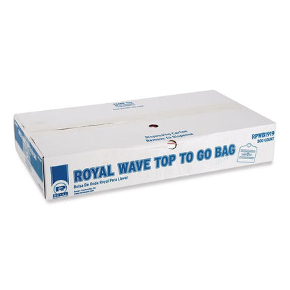 Wave Top To-Go Bags, Take-Out Labeling, Cut-Out Handles, 1.2 mil, 19" x 9.5" x 19", White/Blue/Red, 500/Carton