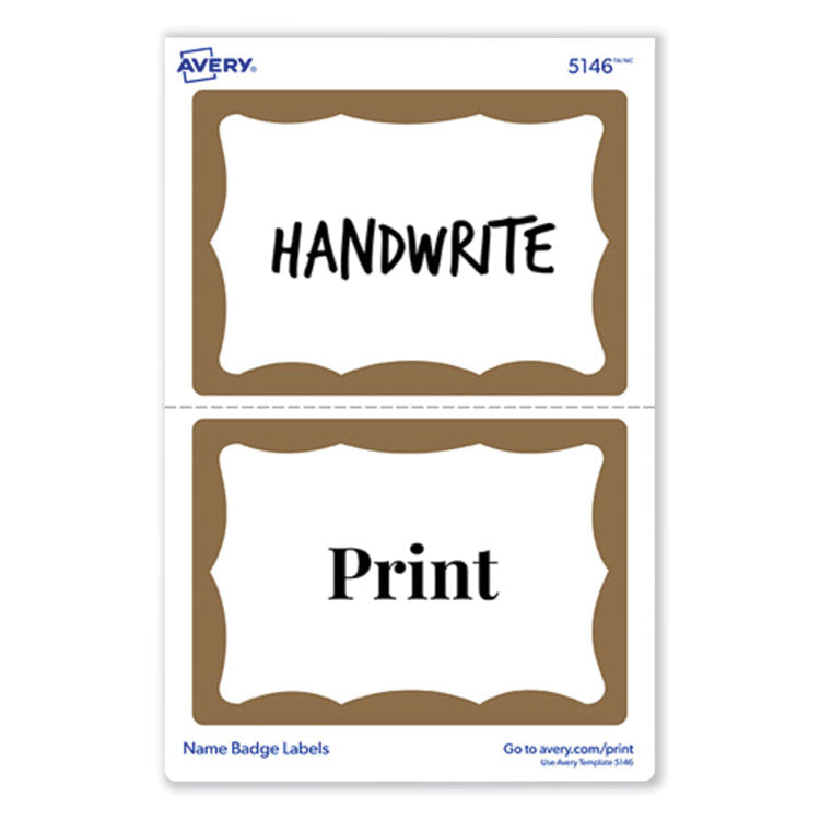 Printable Adhesive Name Badges, 3.38 x 2.33, Gold Border, 100/Pack
