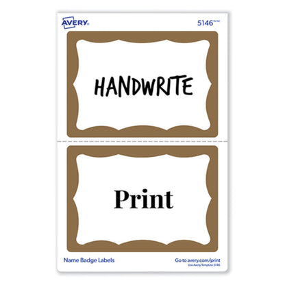 Printable Adhesive Name Badges, 3.38 x 2.33, Gold Border, 100/Pack