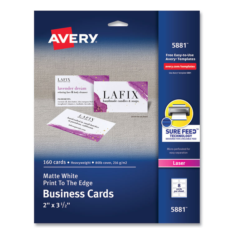Print-to-the-Edge Microperforated Business Cards with Sure Feed Technology, Laser, 2 x 3.5, White, 8/Sheet, 20 Sheets/Pack