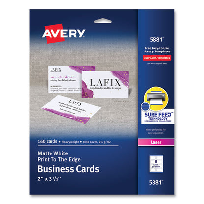 Print-to-the-Edge Microperforated Business Cards with Sure Feed Technology, Laser, 2 x 3.5, White, 8/Sheet, 20 Sheets/Pack