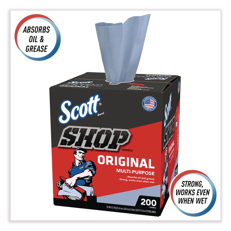 Shop Towels, POP-UP Box, 1-Ply, 9 x 12, Blue, 200/Box, 8 Boxes/Carton