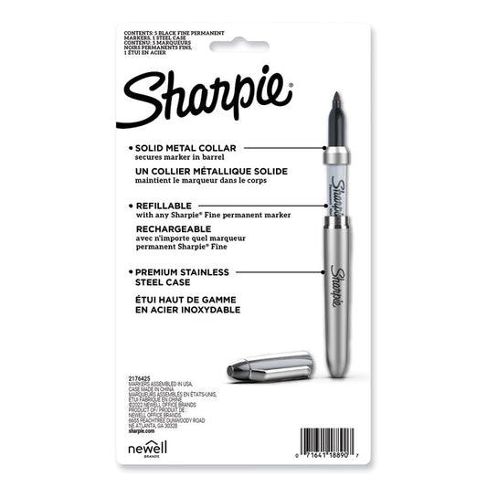Fine Tip Permanent Marker, Stainless Steel Single Marker Case, Fine Bullet Tip, Black, 5/Pack