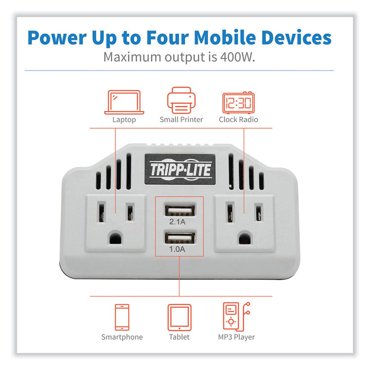 PowerVerter Ultra-Compact Car Inverter, 400 W, Two AC Outlets/Two USB Ports, 3.1 A
