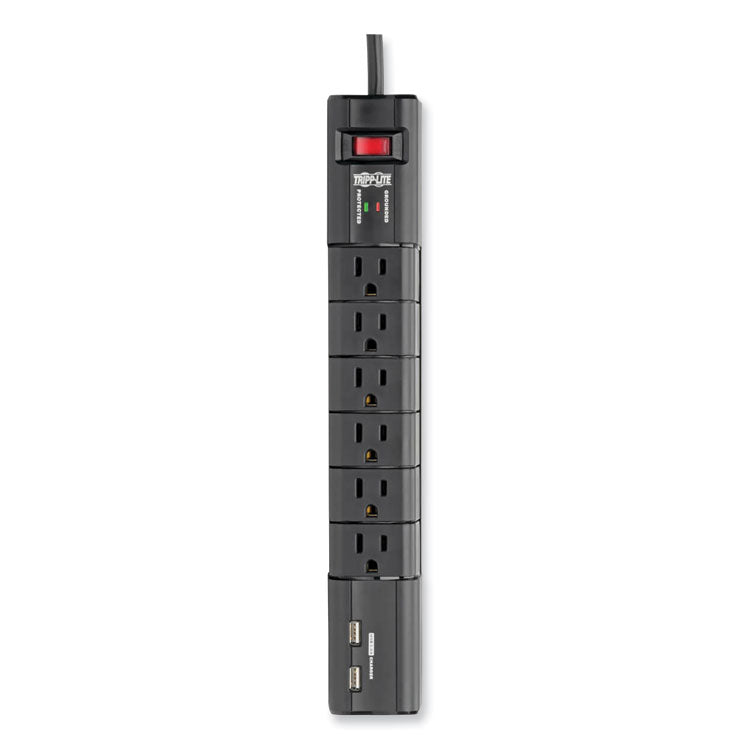 Protect It! Surge Suppressor, 6 AC Outlets/2 USB Ports, 8 ft Cord, 1,080 J, Black