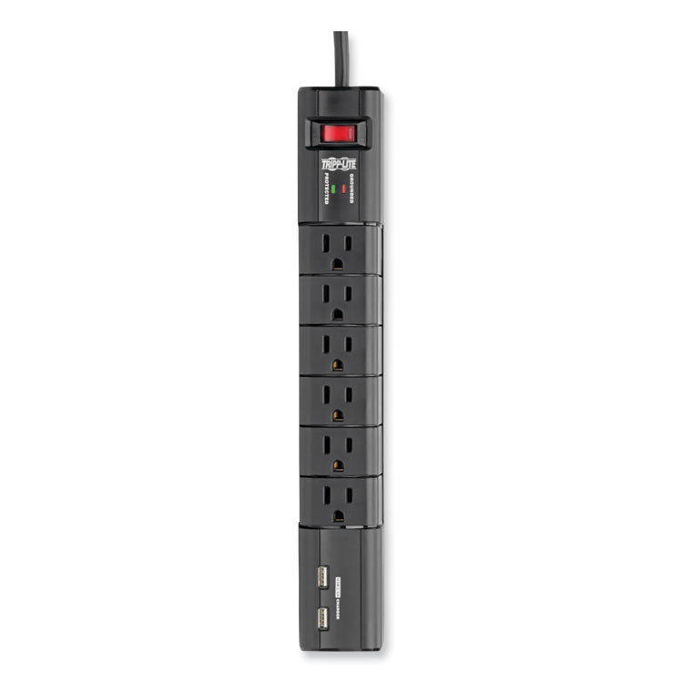 Protect It! Surge Suppressor, 6 AC Outlets/2 USB Ports, 8 ft Cord, 1,080 J, Black