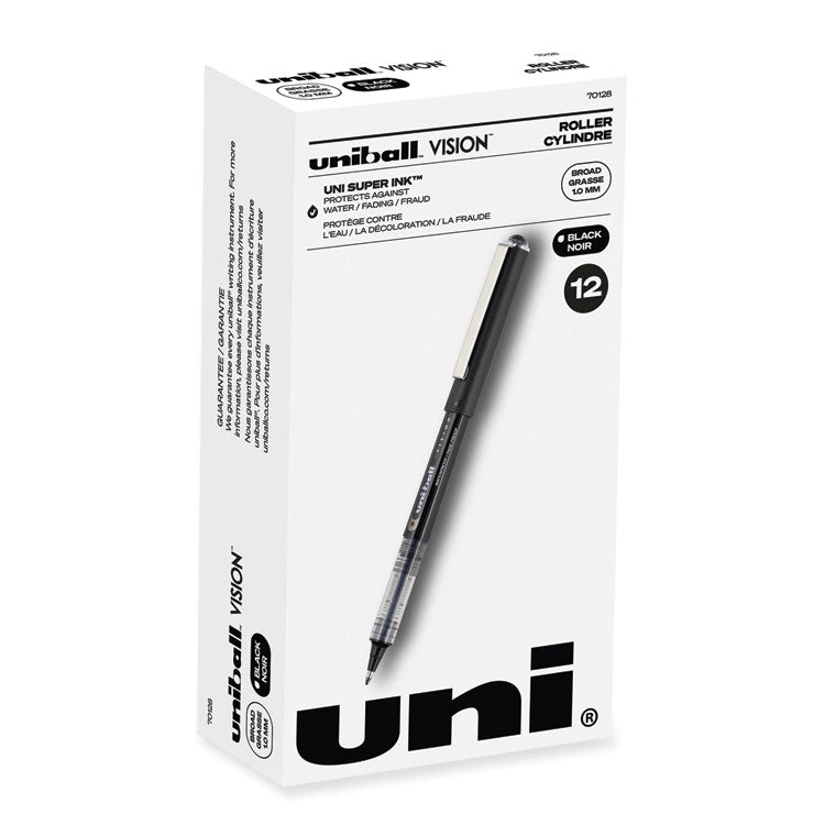 VISION Rollerball Pen, Stick, Bold 1 mm, Black Ink, Gray/Black/Clear Barrel, Dozen