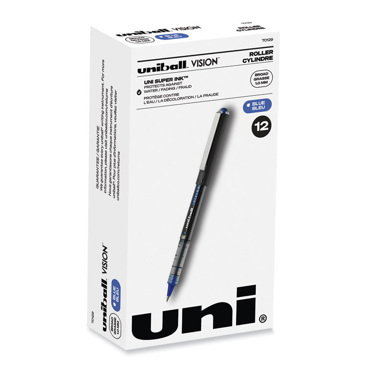 VISION Rollerball Pen, Stick, Bold 1 mm, Blue Ink, Black/Blue/Clear Barrel, Dozen