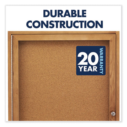 Enclosed Indoor Cork Bulletin Board with Two Hinged Doors, 48" x 36", Tan Surface, Oak Finished Fiberboard (MDF) Frame