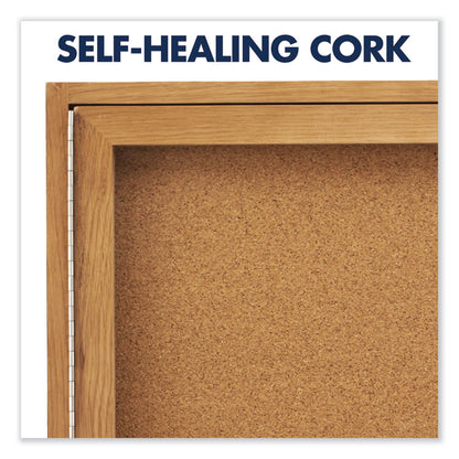 Enclosed Indoor Cork Bulletin Board with Two Hinged Doors, 48" x 36", Tan Surface, Oak Finished Fiberboard (MDF) Frame