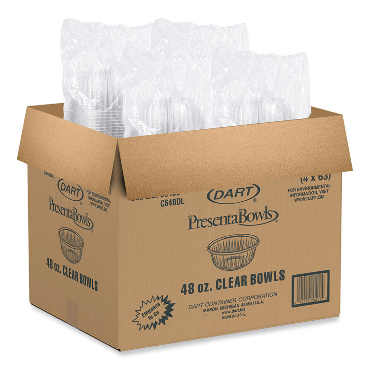 PresentaBowls Clear Bowls, 48 oz, Plastic, 63/Bag, 252/Carton