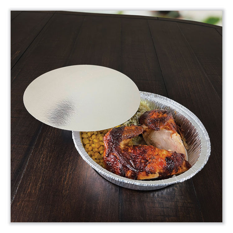 Round Aluminum To-Go Container Lids, Flat Lid, 9" Diameter, Silver, Paper, 500/Carton