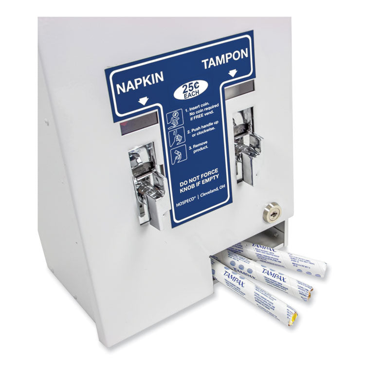 Dual Channel Sanitary Napkin/Tampon Vendor, 25 Cent Coin Mechanism, 11.13 x 7.63 x 26.38, White/Blue